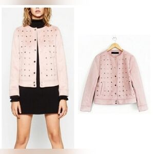 Zara Soft Blush Pink Suede Studded Jacket Size L.